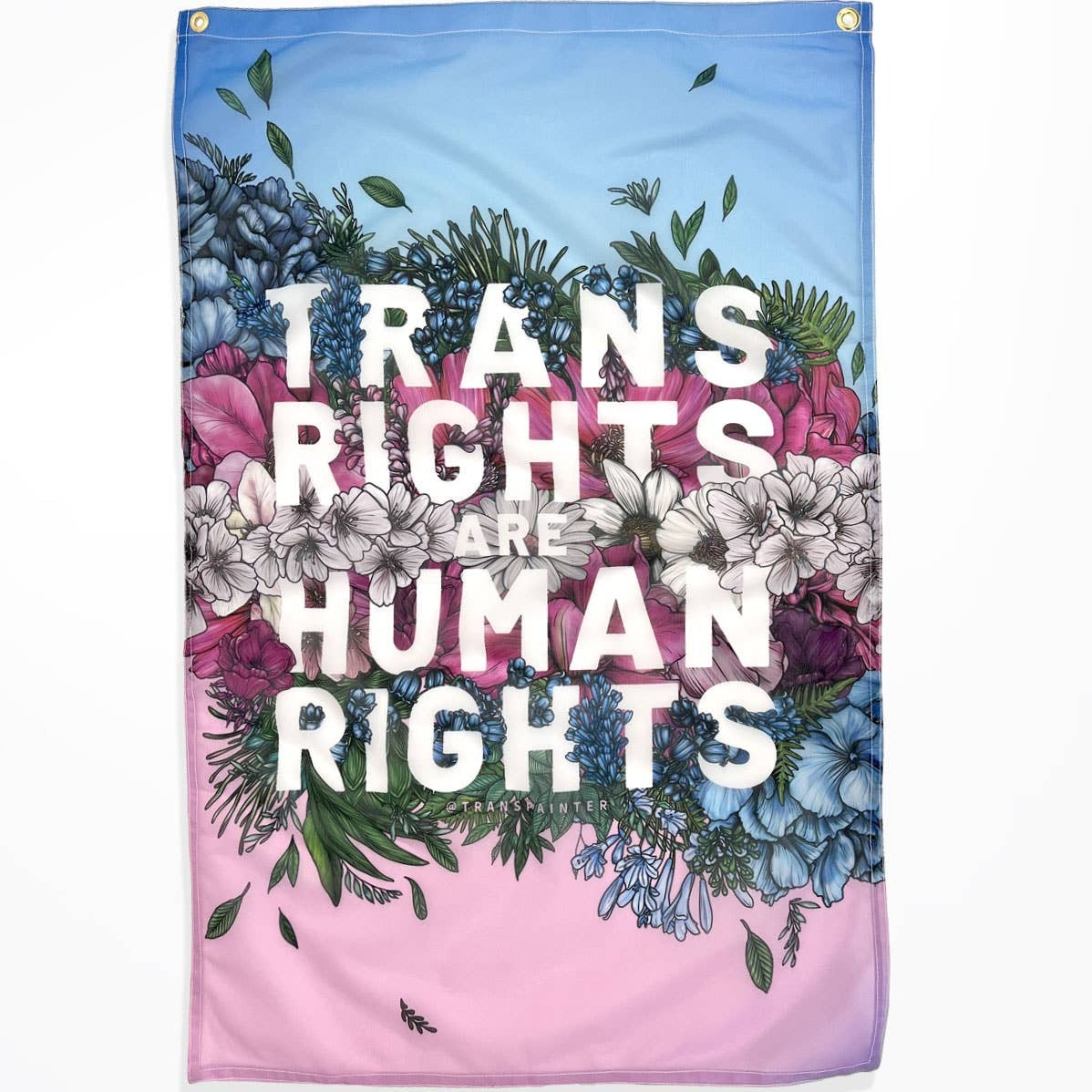 "Trans rights are human rights" Trans Pride flag with art print