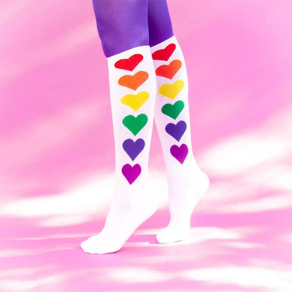 "RAINBOW HEARTS" knee socks